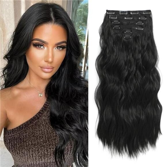 6PCS Long Wavy Curly Clip on Hair Extensions Black